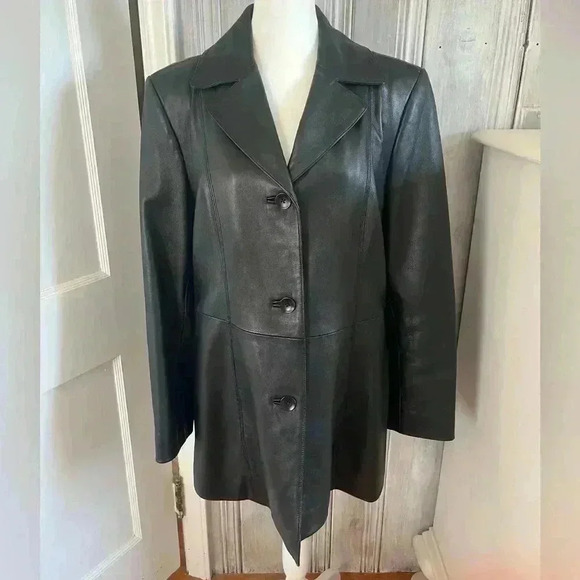 VALERIE STEVENS| Y2K black 100%leather blazer jacket button closure pockets|M - Picture 3 of 16